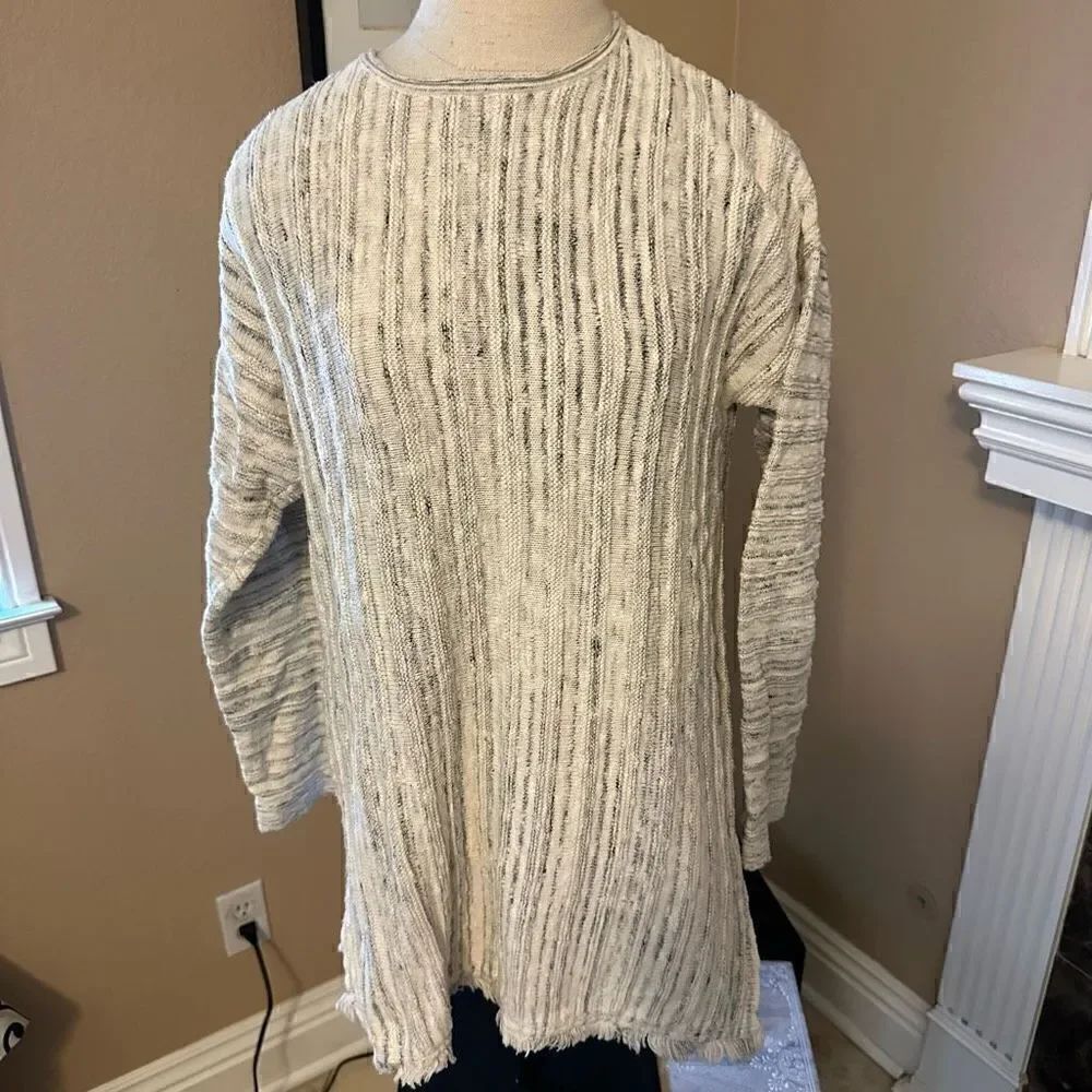 J. Jill gray and white striped frayed hem side slit sweater medium